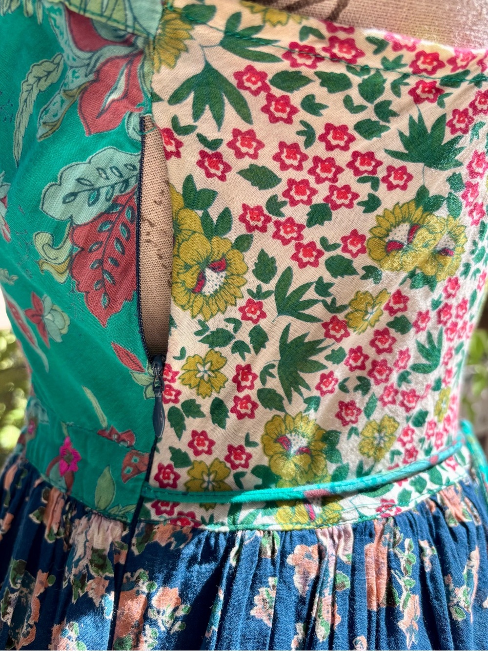 Patrons of Peace Teal and Navy Floral Patchwork Midi Dress - Picture 4 of 5